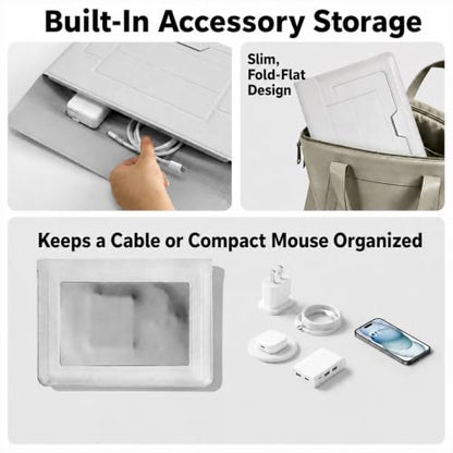 2-in-1 Laptop Sleeve with Stand, 13-14 Inch, PU Leather, Grey | Magnetic origami design folds into a 3-angle stand with a water-repellent PU exterior and storage for mouse and cable.