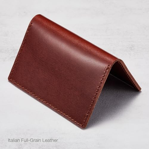 HISCOW Slim Full Grain Leather Business Card Holder, Veg-Tanned Espresso | Minimalist unlined raw edge, ultra-thin profile, bifold front pocket wallet, holds folded cash, premium gift box - color: Veg-Tanned Espresso