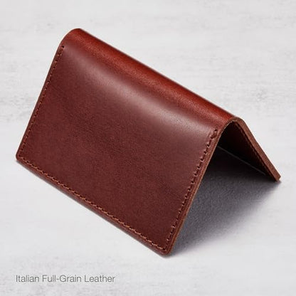 HISCOW Slim Full Grain Leather Business Card Holder, Veg-Tanned Espresso | Minimalist unlined raw edge, ultra-thin profile, bifold front pocket wallet, holds folded cash, premium gift box - color: Veg-Tanned Espresso