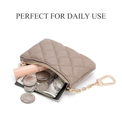 Quilted Faux Leather Coin Purse with Keychain - Small Coin Pouch Key Pouch Small Card Holder Keychain Wallet Change Purse for Women and Men (Khaki) - color: Khaki