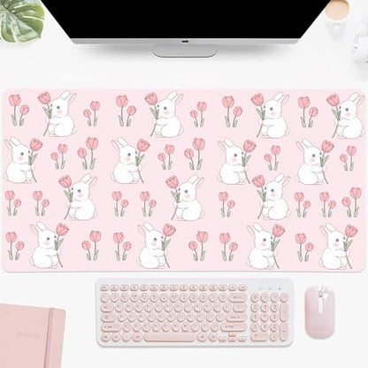 Pink Bunny Tulip Desk Mat, Cute Extended Gaming Keyboard Mouse Pad, Large Office Desk Cover Mat Pad Deskmat, Non-Slip Leather Home Office Desk Mat Protector 31.5"×15.7" - color: Pink Bunny, size: 31.5" x 15.7"