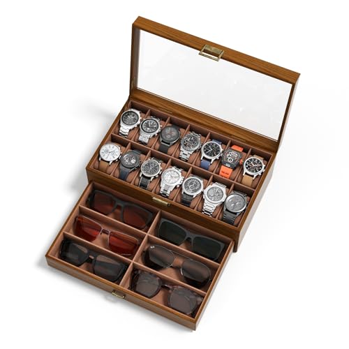 Watch Case Box for Men - Ultra-thin Frame Wide Display 14 Slots 2-Layer Wooden Grain Watch Sunglass Storage Organizer, Real Glass Lid Display Case Gift for Dad Husband - size: 14 Slots, Wooden Pattern