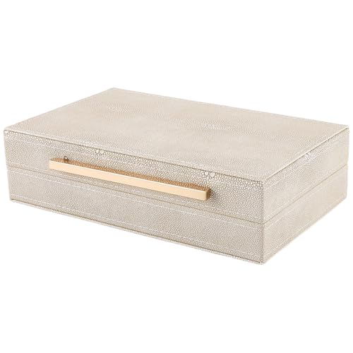 CREATCABIN Ivory Shagreen Decorative Boxes for Keepsake Memory Small Faux Leather Storage Boxes with Gold Metal Handle Lids Wood Jewelry Organizer Box for Photo Modern Home Decor 10x6x2.6Inch