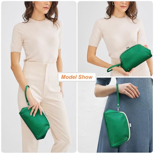 CONTACTS Full Grain Leather Kiss Lock Clutch Purse for Women Evening Clutch Bag Kiss Clasp Handbag - color: Green