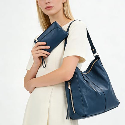 Auralith Purses for Women, 3-in-1 Hobo Crossbody Shoulder Handbags Bags | PU leather hobo purses set large capacity lightweight daily travel work - color: 2pcs-blue