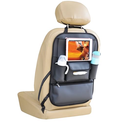 Viaviat Car Seat Organizers Waterproof Backseat Protector with Storage Pocket Large Leather Kick Mats for Kids Pets Automobile SUV Truck (Black, Large Pocket) - color: Black