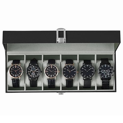 SONGMICS Watch Box, 6-Slot Watch Case Organizer with Large Glass Lid, Removable Pillows, Gift for Loved Ones, Black Synthetic Leather, Greenish Gray Lining UJWB06BK | Removable Pillows, Black PU Leather, Gray Lining, Gift for Loved Ones, BRIDIE Collection