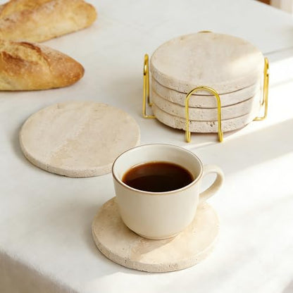 Natural Travertine Marble Coasters Set of 6-4" Round | Non-Slip Cork Backing, Festival Gifts, Wedding, Protect Tables from Stains & Scratches - size: Round 6 Pcs