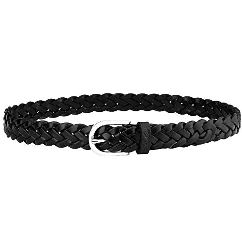 Falari Women's Leather Braided Belt Stainless Steel Buckle - color: Black, size: L 38-40 (fit waist 36-38)