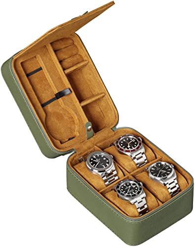 ROTHWELL 5 Watch Travel Case Storage Organizer for 5 Watches | Tough Portable Protection w/Zipper Fits All Wristwatches & Smart Watches Up to 50mm (Green/Tan) - color: Green / Tan