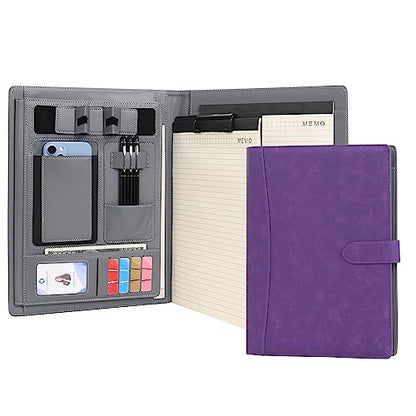 Wason Portfolio Padfolio A4 Leather PU Folder File Document Holder Case with Writing Pad Removable Clipboard Card Stationary Case Phone Tablet Stand for Organizer Office Travel School (Purple) - color: Purple