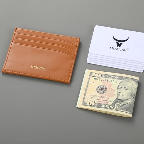 HISCOW Slim Full Grain Leather Card Holder, Cognac | Men's minimalist EDC wallet, front pocket carry, 6 credit card slots & center pocket, fits folded bills, premium gift box - color: Cognac