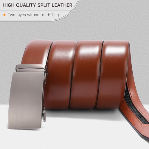 SENDEFN Men's Leather Belt - Automatic Ratchet Slide Buckle, Easy Trim-to-Fit Function, Packaged with Gift Box - color: Light Brown