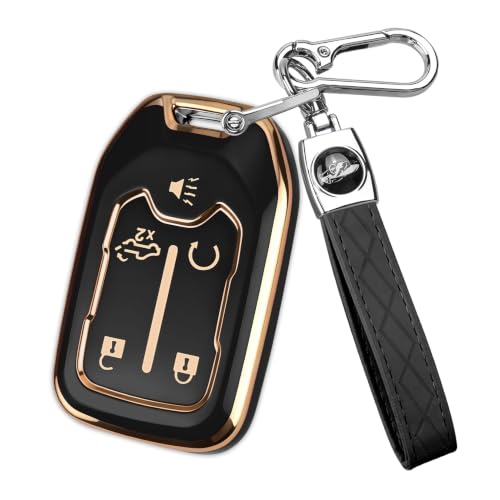 FT FUNTOR for GMC Key Fob Cover with Keychain | Compatible with 2017-2024 Chevy Silverado GMC Sierra Terrain Acadia 1500 2500HD 3500HD, 5-Button, Soft TPU Material - color: Gold/Black