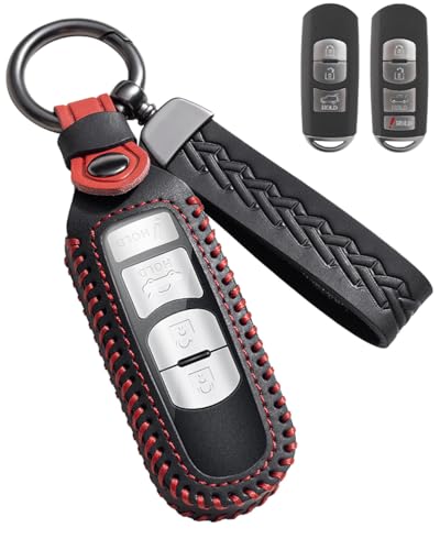 Leather Key Fob Cover Case for Mazda CX-5, 3, 6, MX-5 Miata | 2009-2026 fit, 2-5 button fobs, protects from scratches, drops and daily wear, clear TPU button window, black - color: Black