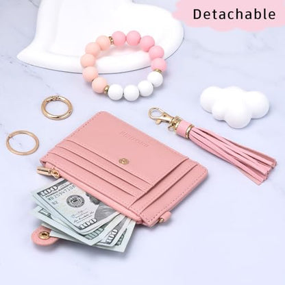 BAOSIWA Silicone Bracelet Keychain Wallet for Women Wristlet Card Holder Slim RFID Wallet with Zipper Pocket - color: Pink