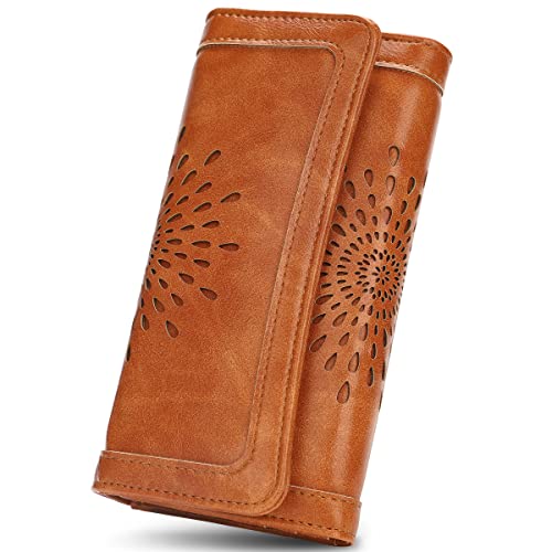 APHISON Womens Wallets RFID Blocking Leather Clutch Long Wallet for Women Card Holder Phone Organizer Ladies Travel Purse Hollow Out Sunflower Design Gift - color: BROWN