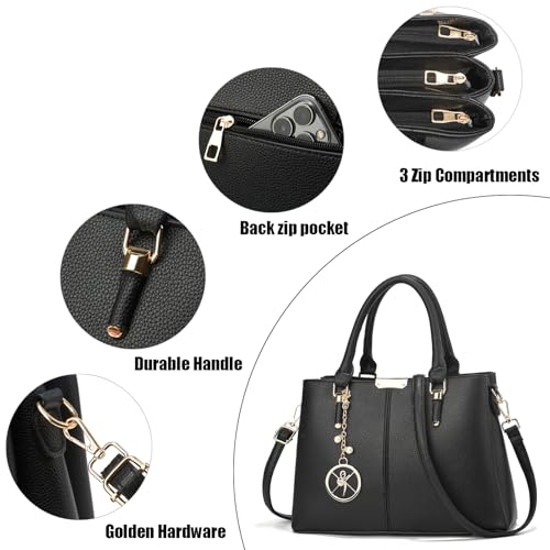 Purse and Handbags for Women, 3 Zip Compartments Tote Bag Designer Shoulder Purse Top Handle Satchel Bags - color: A1-burgundy Purse With 2 Purse Strap