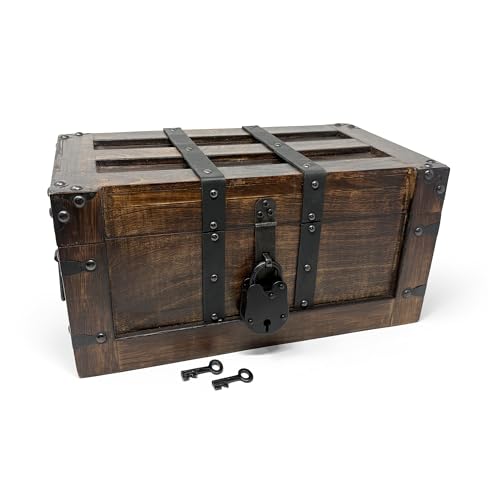 Nautical Cove Deluxe Handmade Rectangular Wooden Treasure Chest – Flat Lid Design with Real Leather Accents, Working Iron Lock & Skeleton Keys, Decorative Storage Box (Large - 14 x 8 x 6.75) - size: Large 14 x 8 x 6.75