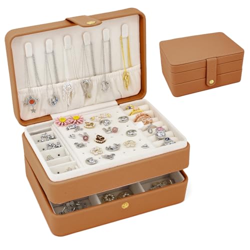 KOOAAICCHI Small Travel Jewelry Organizer Portable Jewelry Holder-Brown | Compact 2‑layer storage case, practical gift for women. Neatly stores rings, earrings, necklaces for home storageuse - color: JS-Brown