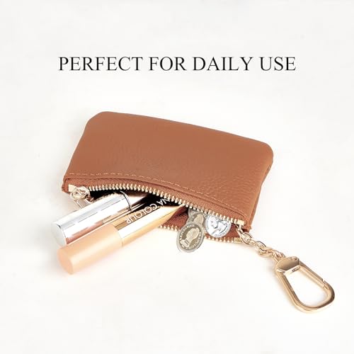 Full Grain Leather Coin Purse with Key Chain - Small Change Purse Keychain Card Holder Keychain Pouch Small Keychain Wallet for Women and Men (Brown) - color: Brown, Regular Size