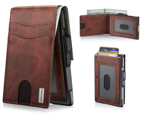 umoven Wallet for Men - Pop Up Case, Cash Slot, and Credit Card Slot - Slim Aluminum Wallet with RFID Blocking, Minimalist Leather Wallet Front Pocket with ID Window (Reddish brown) - color: Reddish brown
