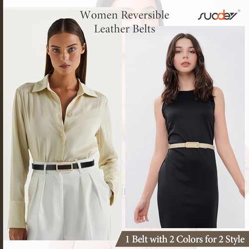 SUOSDEY Women Reversible Leather Belts for Jeans Pants Dresses Ladies Fashion Belts with Gold Buckle, 0.9" Width - color: D-black/Beige 1pcs, size: fits waist from 46"-50"