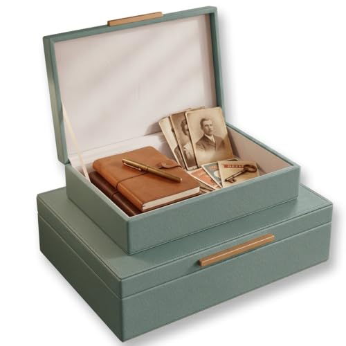 Decorative Storage Boxes with Lids Set-2 Store Photos, Letters Memory Box | Decorative Box Set, Keepsake Box, PU, Metal Handle, For Documents and Memorabilia, for Home Decor, Shelves and Living - color: Blue-Green