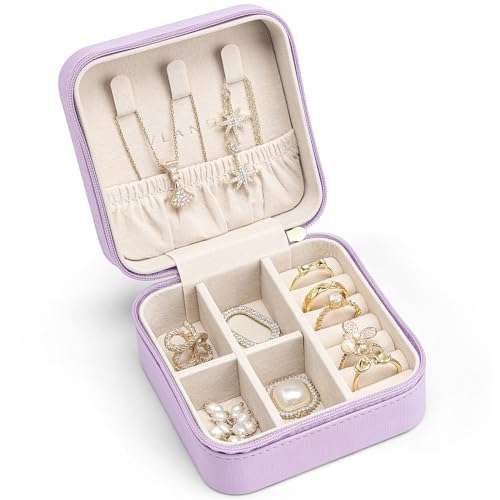 VLANDO Travel Jewelry Case, Compact Design, Necklace Hook, Anti-Tangle | Removable Dividers, Waterproof PU Leather, Scratch-Resistant Lining, Portable Storage for Rings, Earrings, Necklace，Bracelet - color: F.Purple