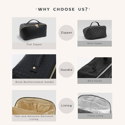 Travel Makeup Bag – Large Cosmetic Organizer with Waterproof PU Leather, Smooth Double Zipper & Tear-Resistant Lining, Toiletry Pouch for Women (Black) - color: 03-Black