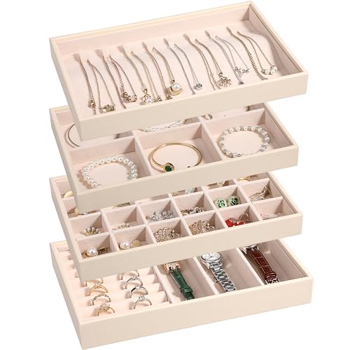 LANDICI 4-Piece Stackable PU Leather Jewelry Organizer Trays, Apricot | Four stackable PU leather trays with flannel lining, ring rolls, necklace hooks and removable dividers for customized storage - color: Apricot