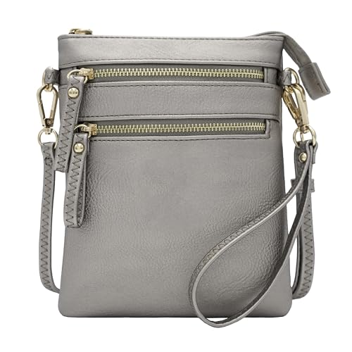 Small Crossbody Bag for Women, Multi Zip Pockets with Detachable Wristlet, Lightweight Travel Purse, Cell Phone Pouch - color: Light Pewter
