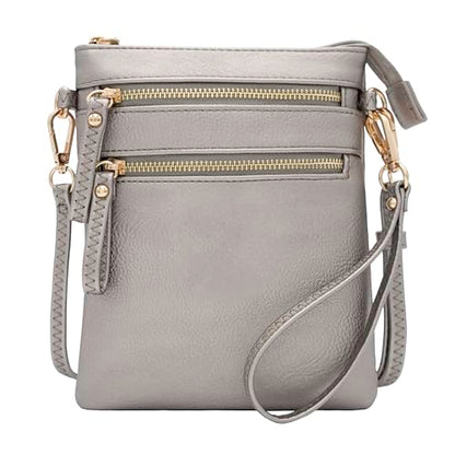 Small Crossbody Bag for Women, Multi Zip Pockets with Detachable Wristlet, Lightweight Travel Purse, Cell Phone Pouch - color: Light Pewter