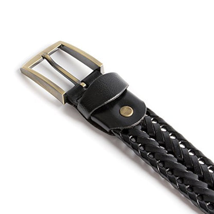 Men Braided Woven Genuine Leather Casual and Dress Belt 35mm wide - color: Black 2, size: waist:33~37