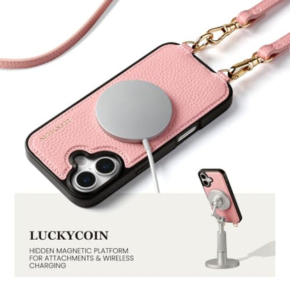 LUCKYCOIN Genuine Leather Crossbody Wallet Phone Case for iPhone 17 Pink | 100% Genuine Leather, Compatible with MagSafe, Removable Purse Flip Card Holder（with RFID Blocking）& Adjustable Strap, Pink - color: Pink, size: iPhone 17