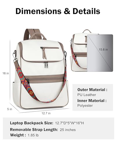 FADEON Laptop Backpack for Women, Vegan Leather 15.6 inch Computer bag | Waterproof Backpack Fits 13 14 inch, Padded Sleeve, Designer Water Bottle Pockets, Luggage Strap for Travel Work School - color: White Retro Style