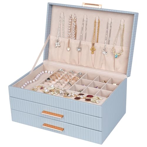 Jewelry Box Organizer, 3-Tier Jewelry Storage with 2 Drawers, Large Jewelry Boxes for Women, PU Leather Surface with Texture, Gift Idea, Modern Style, 10.71 x 7 x 5.6 Inches (Smoky Blue) - color: Smoky Blue