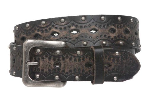 1 1/2" Snap on Perforated Studded Vintage Embossed Solid Leather Jean Belt - color: Black, size: 36 Inch