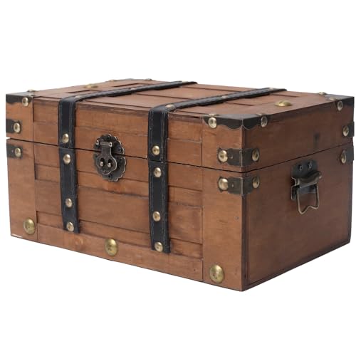 Vintage Wooden Treasure Chest - Decorative Pirate Box,11",Brown | Antique Style Storage Trunk with Sturdy Hinged Lid for Classroom, Keepsakes, & Party Props - color: Brown, size: 11x7.1x5.5