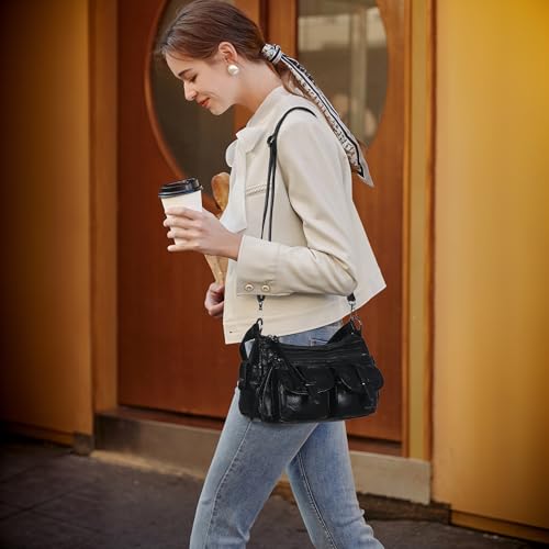 Angel Kiss Hobo Purses for Women Crossbody Shoulder Bag Ladies Multi Pocket Handbags with Adjustable Shoulder Strap | Soft Vegan Leather - color: Black