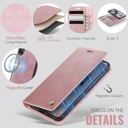 for Samsung Galaxy S24 5G 2in1 Detachable Wallet Case, Pink | Compatible with Magsafe, Magnetic, RFID Blocking Card Holder, Shockproof, Kickstand, Wireless Charging, PU Leather Flip Cover - color: Retro Pink, size: Galaxy S24 - 6.2"