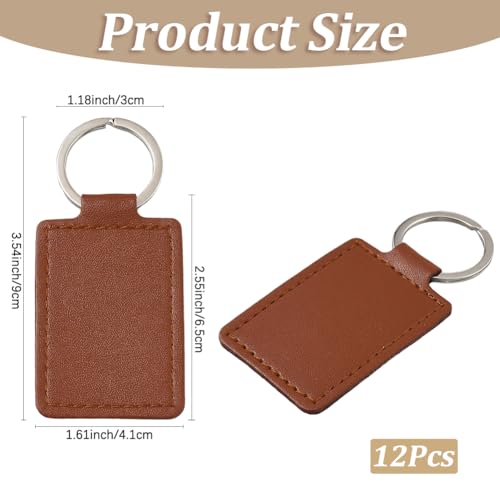 12PCS Rectangular PU Leather Keychain Blanks Brown Leather Key Fob Kits with Iron Keyring Blank Double Side Charm Kit Pendant Holder Bulk for DIY Craft Present Making Engraving Stamping - color: Brown