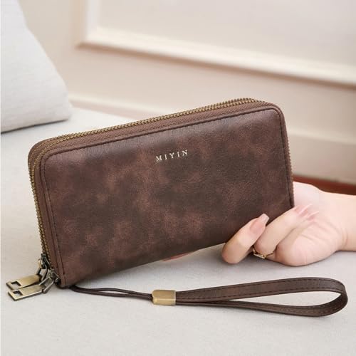 GOIACII Wristlet Wallets for Women 2 Zip Around Ladies Clutch Coffee Brown | RFID Blocking, Vegan Leather, Large Capacity, Credit Card Holder, Phone Holder Purse - color: Coffee Brown