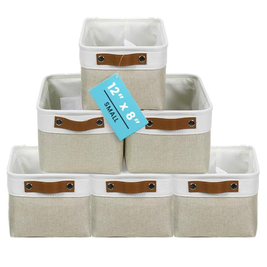 OrganiHaus 12x8in Canvas Storage Baskets, 6 Pack - Fabric Bins for Shelves | Vegan leather handles; a decorative pantry and office organizer, container for desk and books - color: Beige / Off-White, size: Small - 6pc