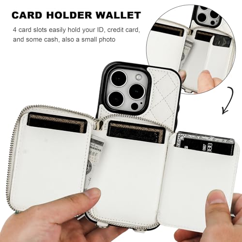Bocasal Crossbody Wallet Case Card Holder for iPhone 16 Pro, White | RFID Blocking PU Leather Zipper Handbag Purse, Kickstand Flip Folio Case with Card Slots Holder Wrist Strap Lanyard 6.3 Inch - color: White