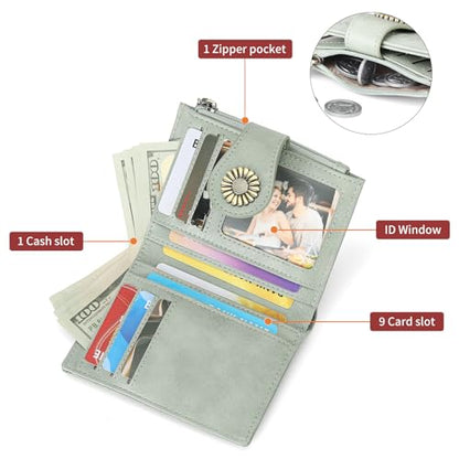 SENDEFN Small Wallets for Women Bifold RFID Blocking Leather Card Holder Compact Wallet with Zipper Coin Pocket - color: A-Green