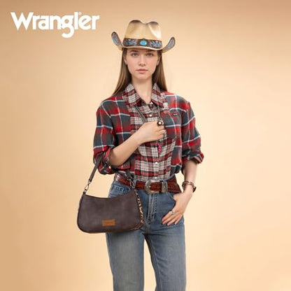 Wrangler Shoulder Bag for Women Western Small Purse Hobo Handbag | Aztec, Underarm Bag, 2 Detachable Straps, Secure Zipper Closure, Back Pocket, Crossbody Bag for dates, travel and everyday - color: Coffee