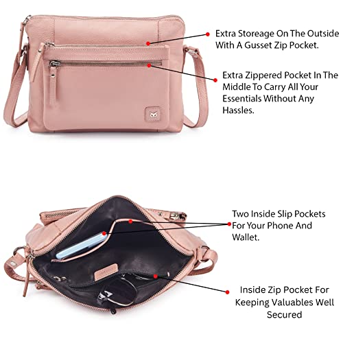 Leather Crossbody Bags for Women Small Soft Genuine Pebbled Sling Shoulder Handbag Crossover Purse with Full Adjustable Strap (Baby Pink Nappa) - color: Baby Pink Nappa