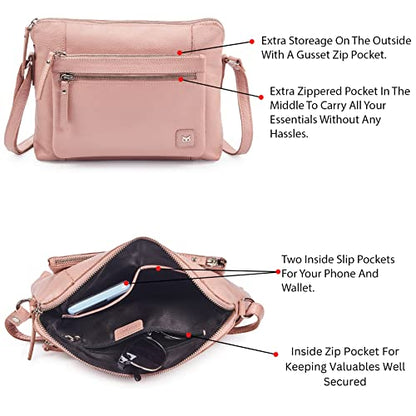 Leather Crossbody Bags for Women Small Soft Genuine Pebbled Sling Shoulder Handbag Crossover Purse with Full Adjustable Strap (Baby Pink Nappa) - color: Baby Pink Nappa