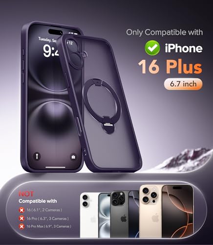 Magnetic Unbreakable Stand for iPhone 16 Plus Case, [Wireless Charging] [Anti-Slip] [Military-Grade Protection] [Compatible with MagSafe] Slim Translucent Matte Phone Cover 6.7 inch, Purple - color: Purple, size: iPhone 16 Plus (6.7Inch,2 Lens)